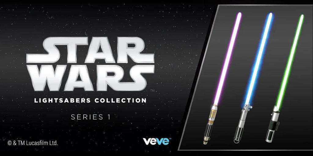 Star Wars Lightsabers Collection Series 1 – offizielle VeVe 3D Digital Collectibles NFTs mit lila, blauem und grünem Lichtschwert