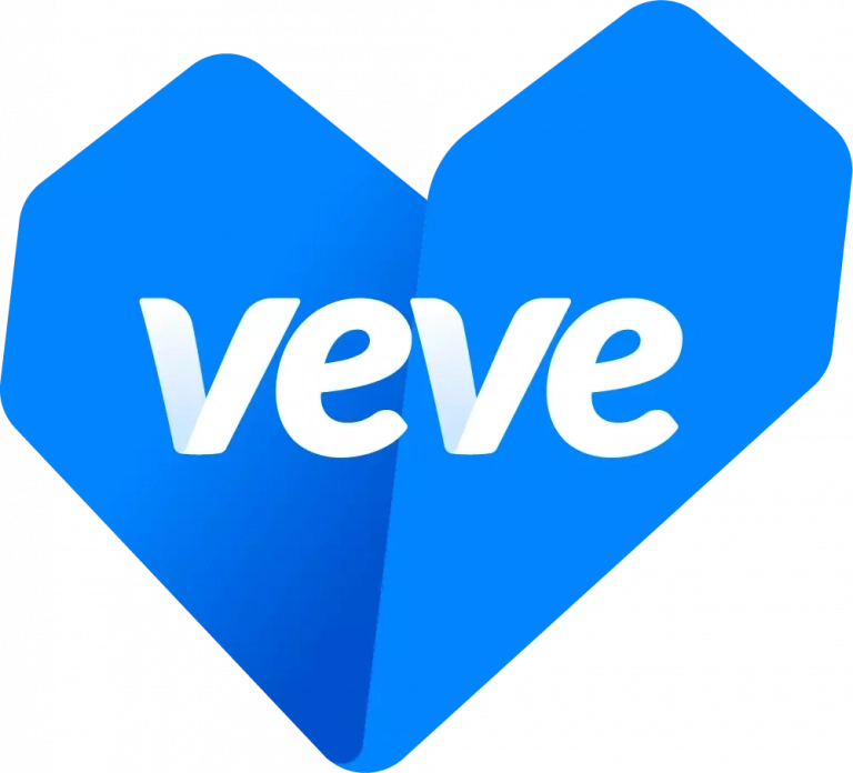 VeVe Logo Herz klassisch weiße Schrift auf blauem Herz