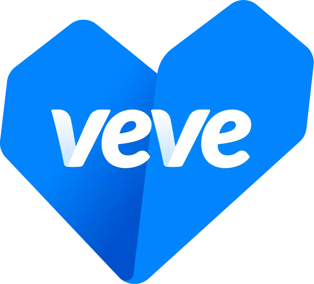 VeVe Logo Herz klassisch weiße Schrift auf blauem Herz