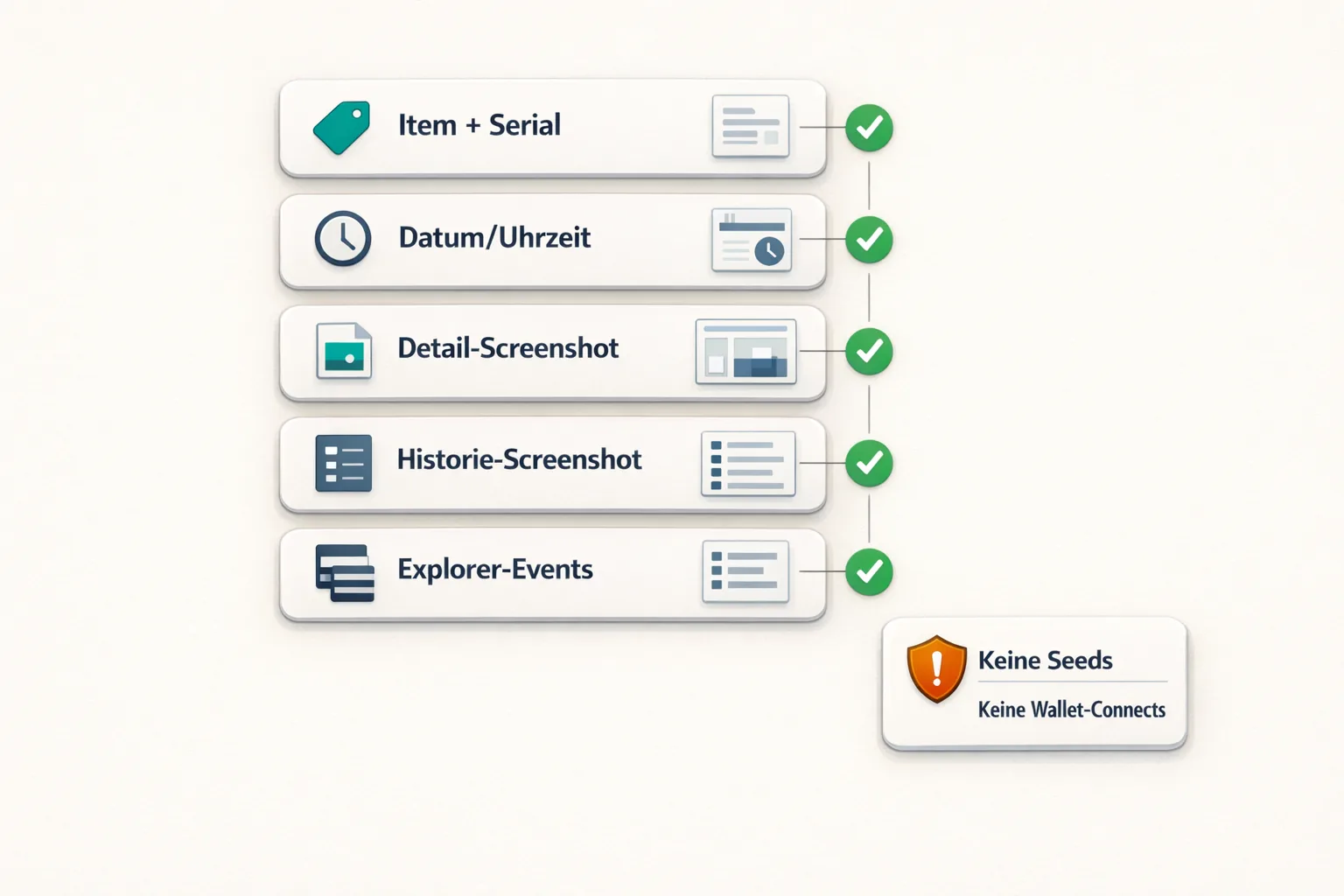 How-to-Checkliste: Item+Serial, Datum/Uhrzeit, Detail- und Historie-Screenshot, Explorer-Events; Sicherheitshinweis „Keine Seeds/Wallet-Connects“.