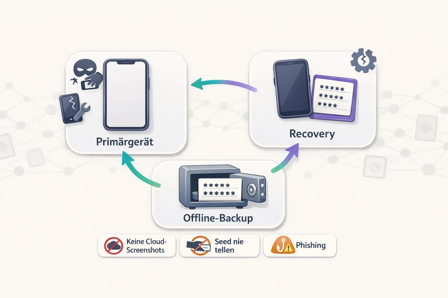 Diagramm mit Primärgerät, Recovery-Option und Offline-Backup, verbunden durch Pfeile, plus Warnsymbole für Diebstahl, Defekt und Phishing.