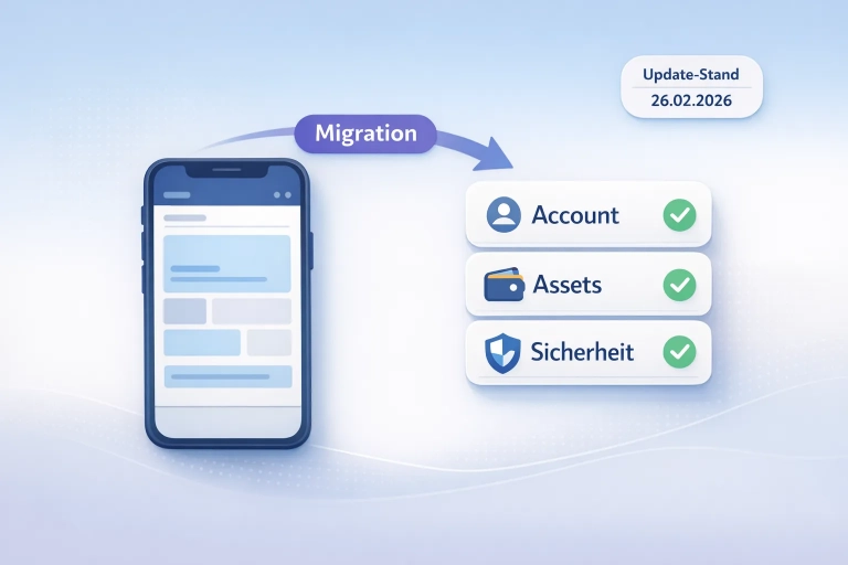 Illustration: Smartphone-App, Pfeil „Migration“, Karten „Account/Assets/Sicherheit“ und Badge „Update-Stand 26.02.2026“ (VeVe).