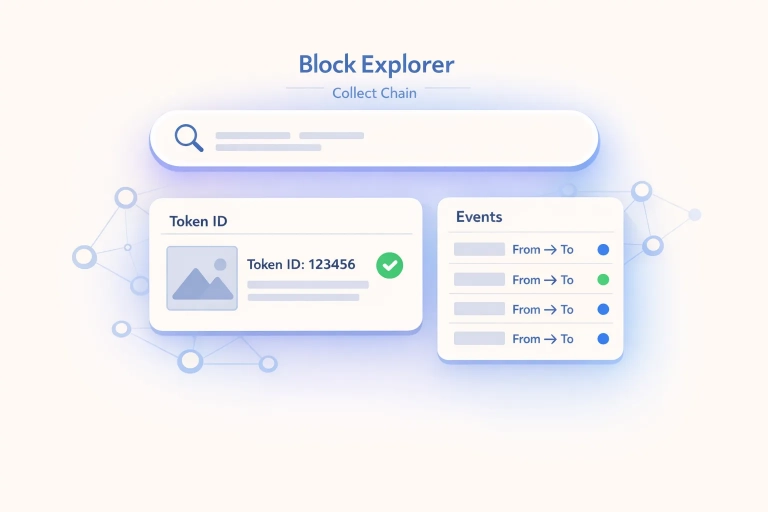 Abstrakte Block-Explorer-UI mit Suche, Token-Karte und Event-Liste zur Verifizierung von VeVe-Collectibles auf der Collect Chain.