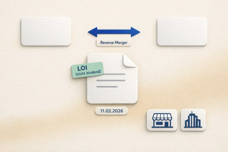 Nüchterne Illustration: zwei Firmenkarten mit ↔, Dokument „LOI (nicht bindend)“, Datum 11.02.2026 und Marketplace-Icon (VeVe).