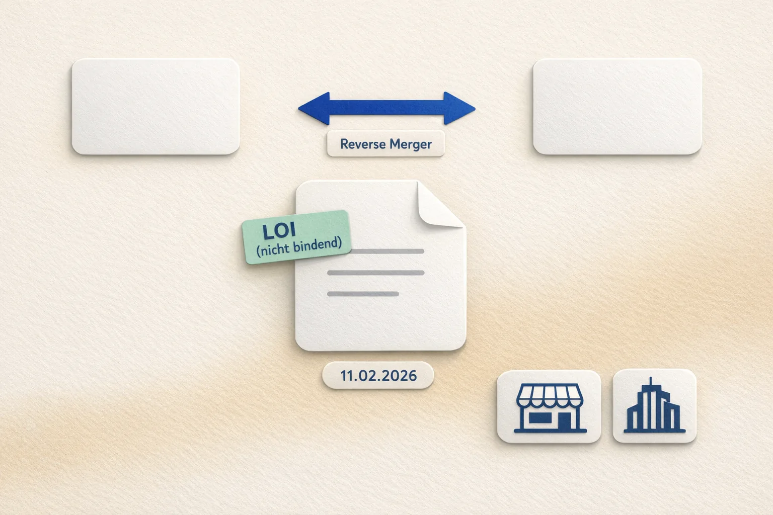 Nüchterne Illustration: zwei Firmenkarten mit ↔, Dokument „LOI (nicht bindend)“, Datum 11.02.2026 und Marketplace-Icon (VeVe).