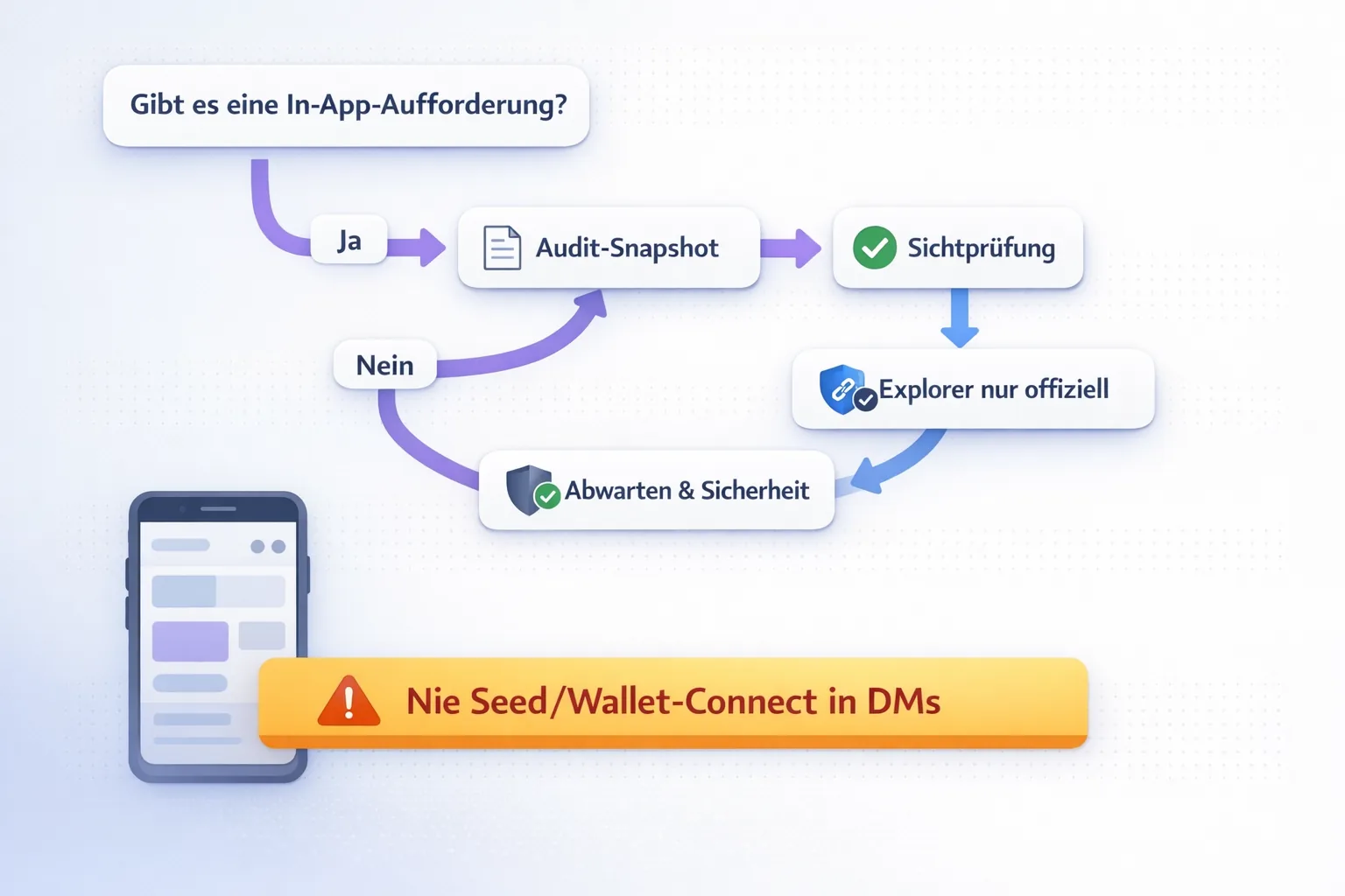 Flowchart: In-App-Aufforderung Ja/Nein, Audit-Snapshot, Sichtprüfung, Explorer nur offiziell, Warnfeld „Nie Seed/Wallet-Connect in DMs“.