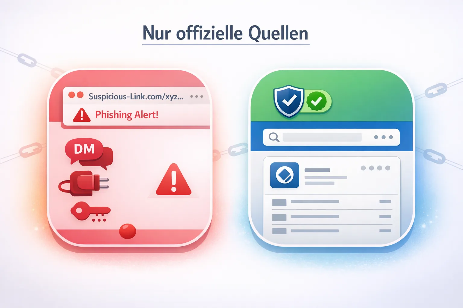 Warnillustration: Fake-Link und Wallet-Connect/Seed-Fallen vs. offizieller Explorer-Link mit Shield-Check zur VeVe-Verifizierung.