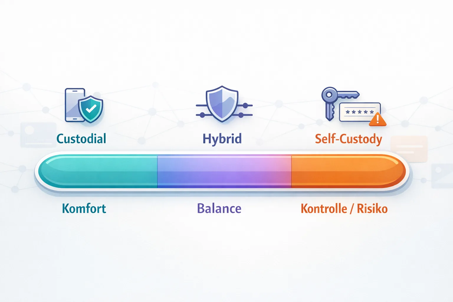 Horizontale Skala mit drei Zonen: Custodial, Hybrid und Self-Custody, mit Icons und Stichworten zu Komfort, Balance und Kontrolle/Risiko (VeVe).