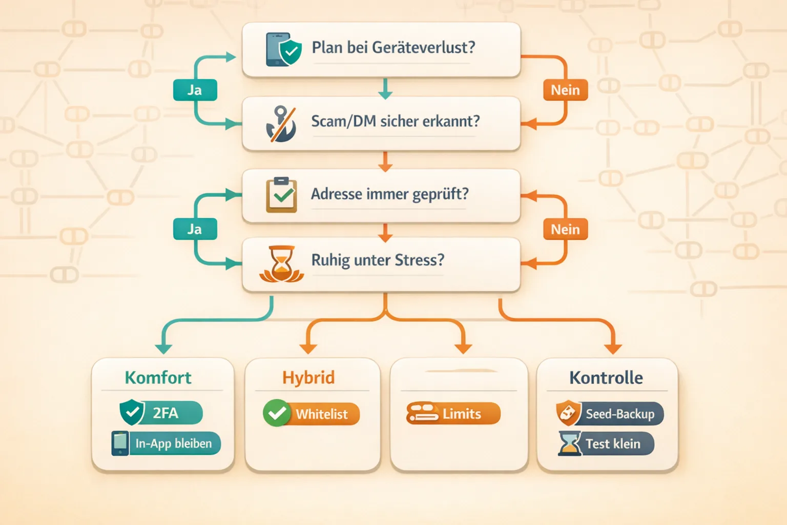 Entscheidungs-Flowchart mit vier Ja/Nein-Fragen zu Geräteverlust, Scam-Erkennung, Adress-Check und Stress, führt zu Komfort, Hybrid oder Kontrolle.