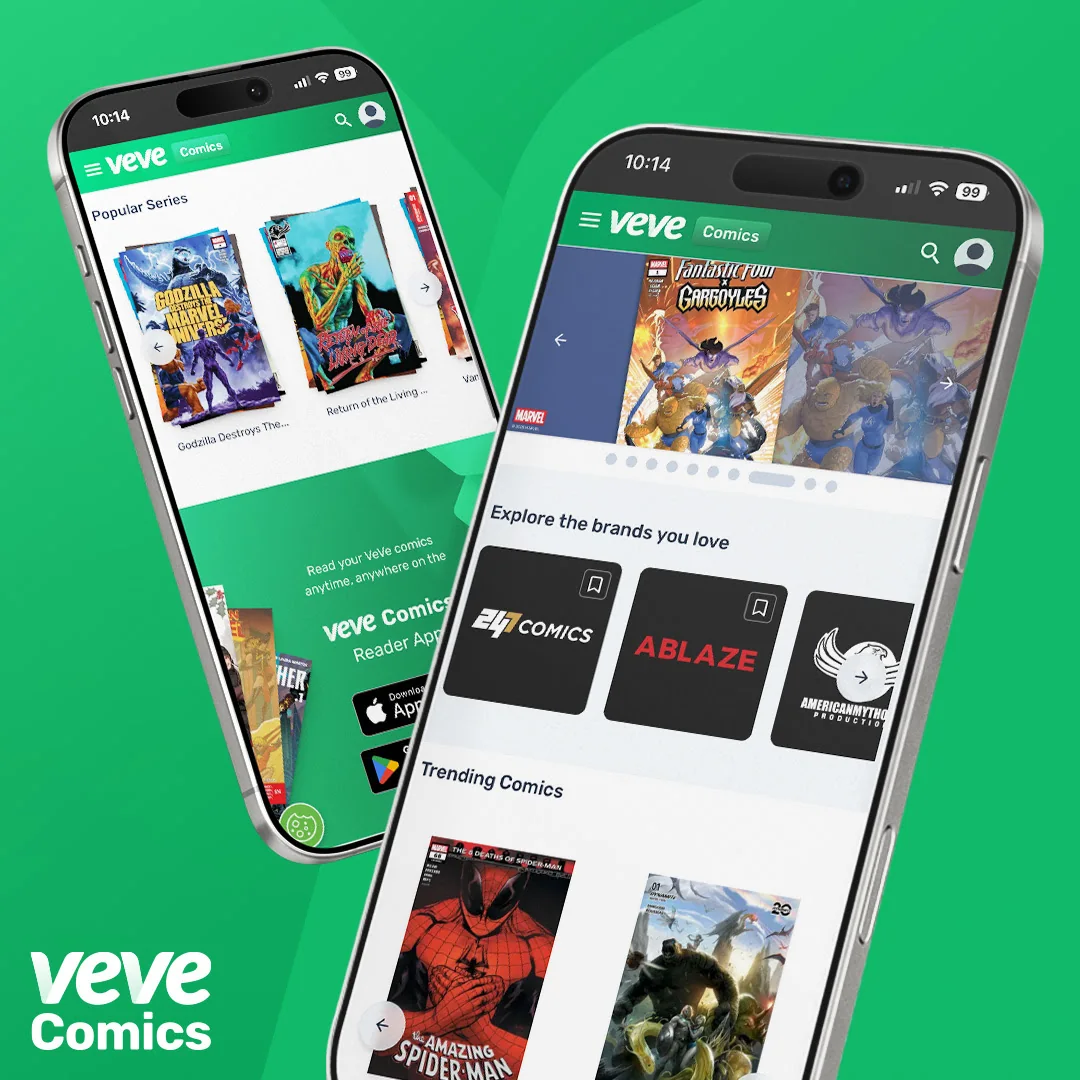 Screenshot-Motiv der VeVe Comics App auf zwei Smartphones mit Comic-Übersicht, Marken-Kacheln und Trending Comics.