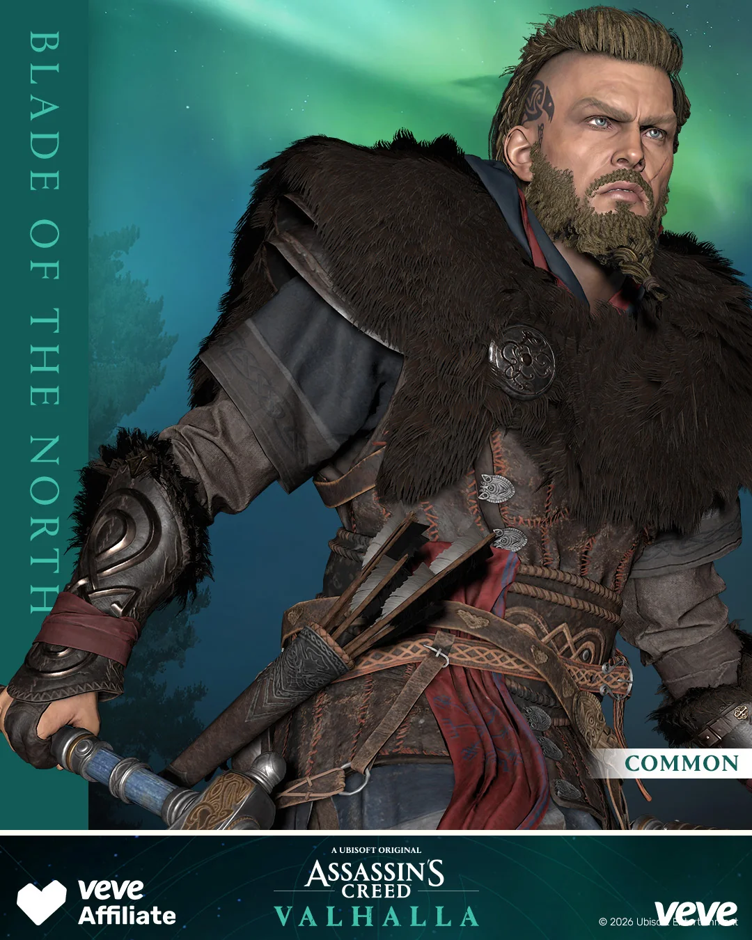 VeVe Assassin’s Creed – Valhalla Motivkarte 'Blade of the North' mit Eivor-Porträt, VeVe Branding und Raritätslabel Common.