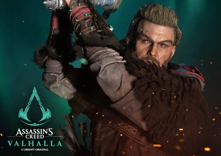 Key Visual zur VeVe-Serie Assassin’s Creed – Valhalla: Eivor mit erhobener Axt vor gruenem Hintergrund und Logo.
