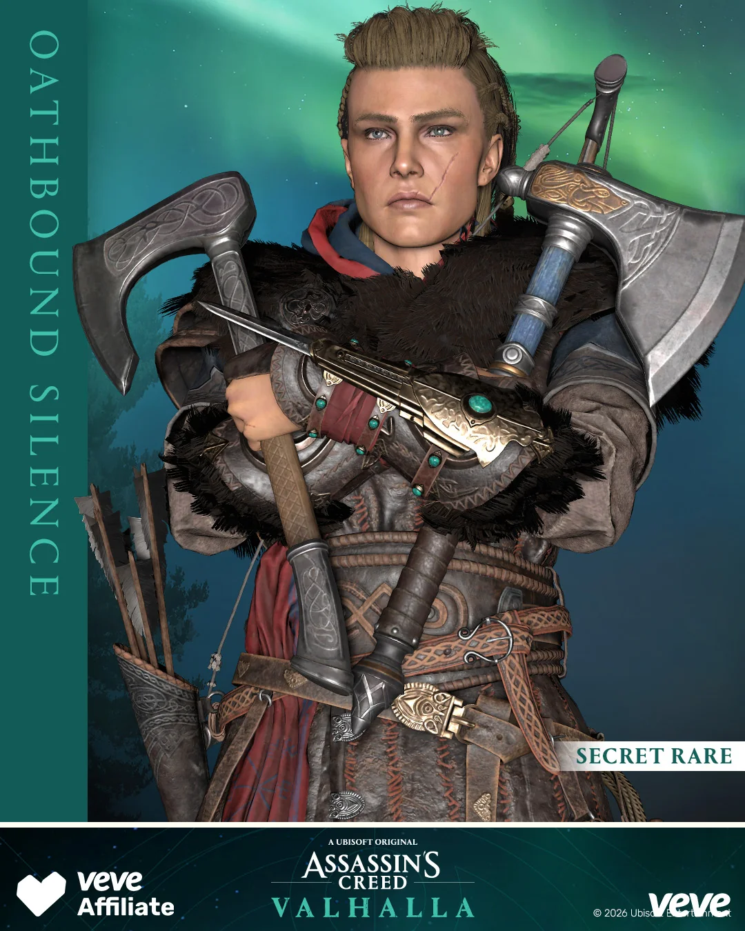 VeVe Assassin’s Creed – Valhalla Motivkarte 'Oathbound Silence' mit bewaffneter Eivor-Figur und Raritätslabel Secret Rare.