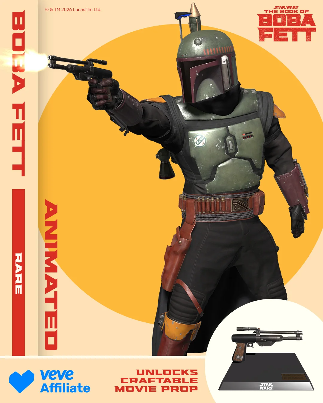 VeVe Digital Collectible „Quickdraw“ aus Boba Fett Series 2: Boba Fett im schnellen Blaster-Moment; Hinweis auf Tap-to-animate mit Sound.