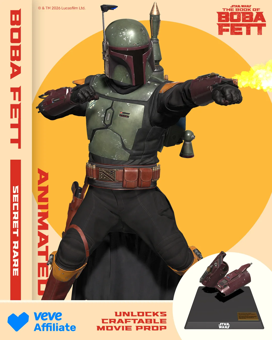 VeVe Digital Collectible „Torch it Up“ aus Boba Fett Series 2: Boba Fett mit erhobenem Gauntlet-Flamethrower; Tap-to-animate Effekt.