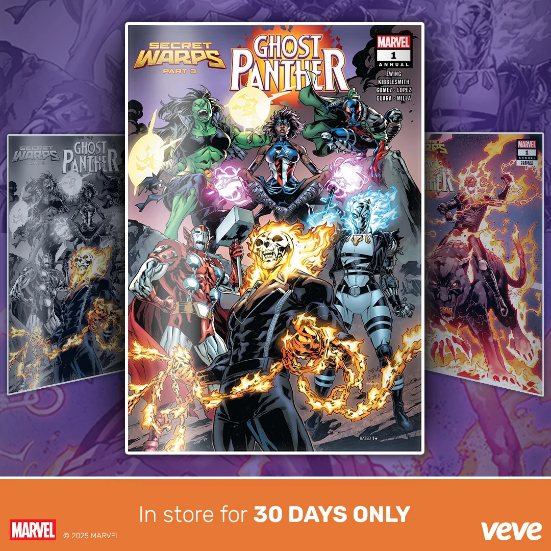 Cover von Marvel's Secret Warps: Ghost Panther Annual #1 als VeVe Digital Comic, Ensemble-Motiv mit Ghost Panther und VeVe-Branding.