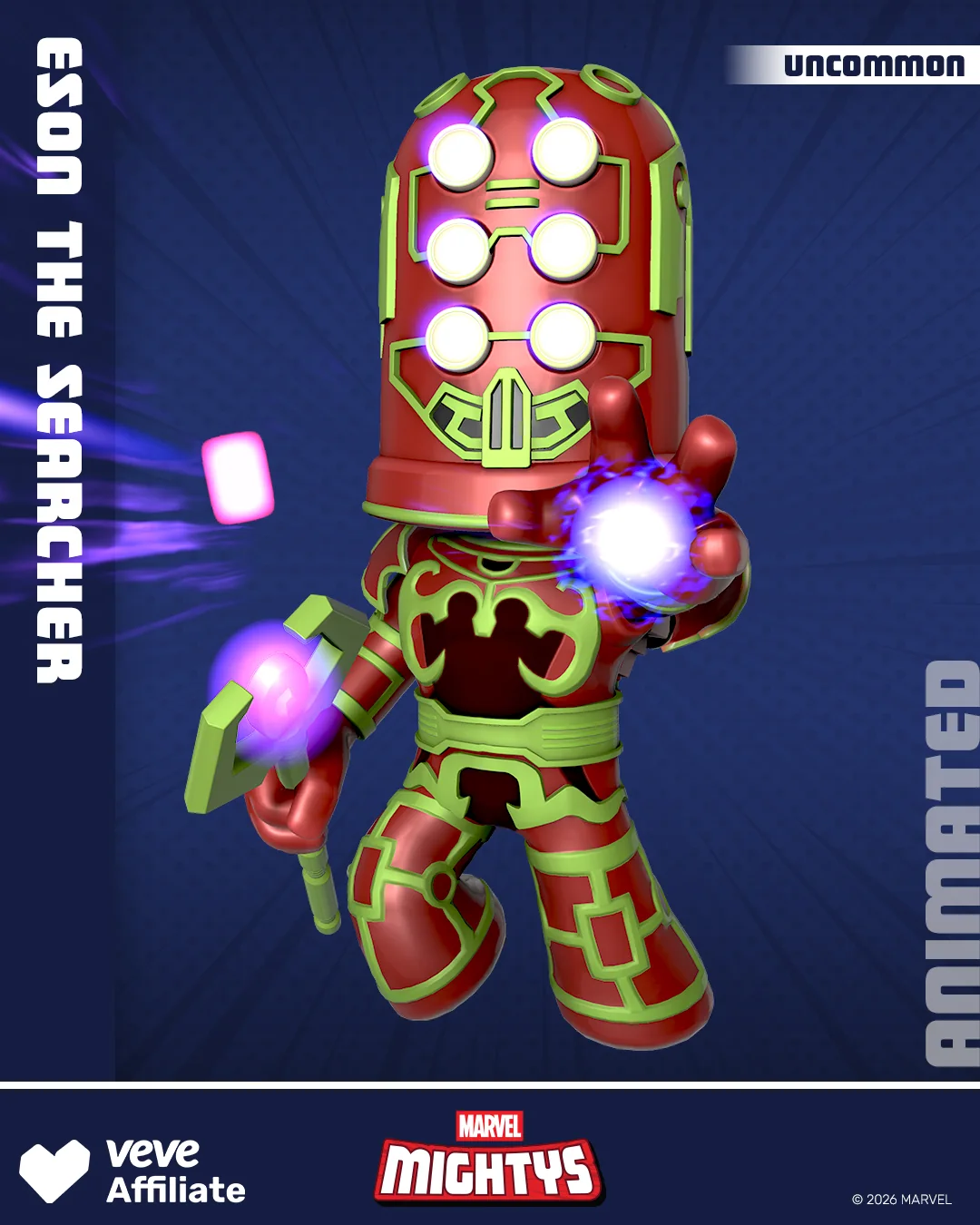 VeVe Exclusive Marvel Mightys: Celestials – Eson the Searcher mit violettem Energiebeam und Stab-Schlag in der Animation.