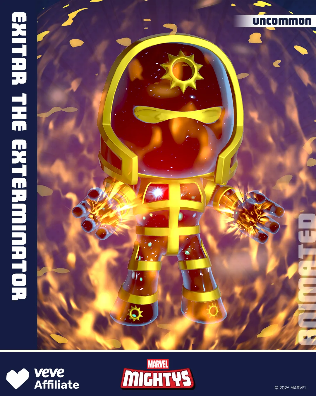 VeVe Exclusive Marvel Mightys: Celestials – Exitar the Exterminator mit orangefarbener Energie, die zu einer grossen Sphaere anwächst.