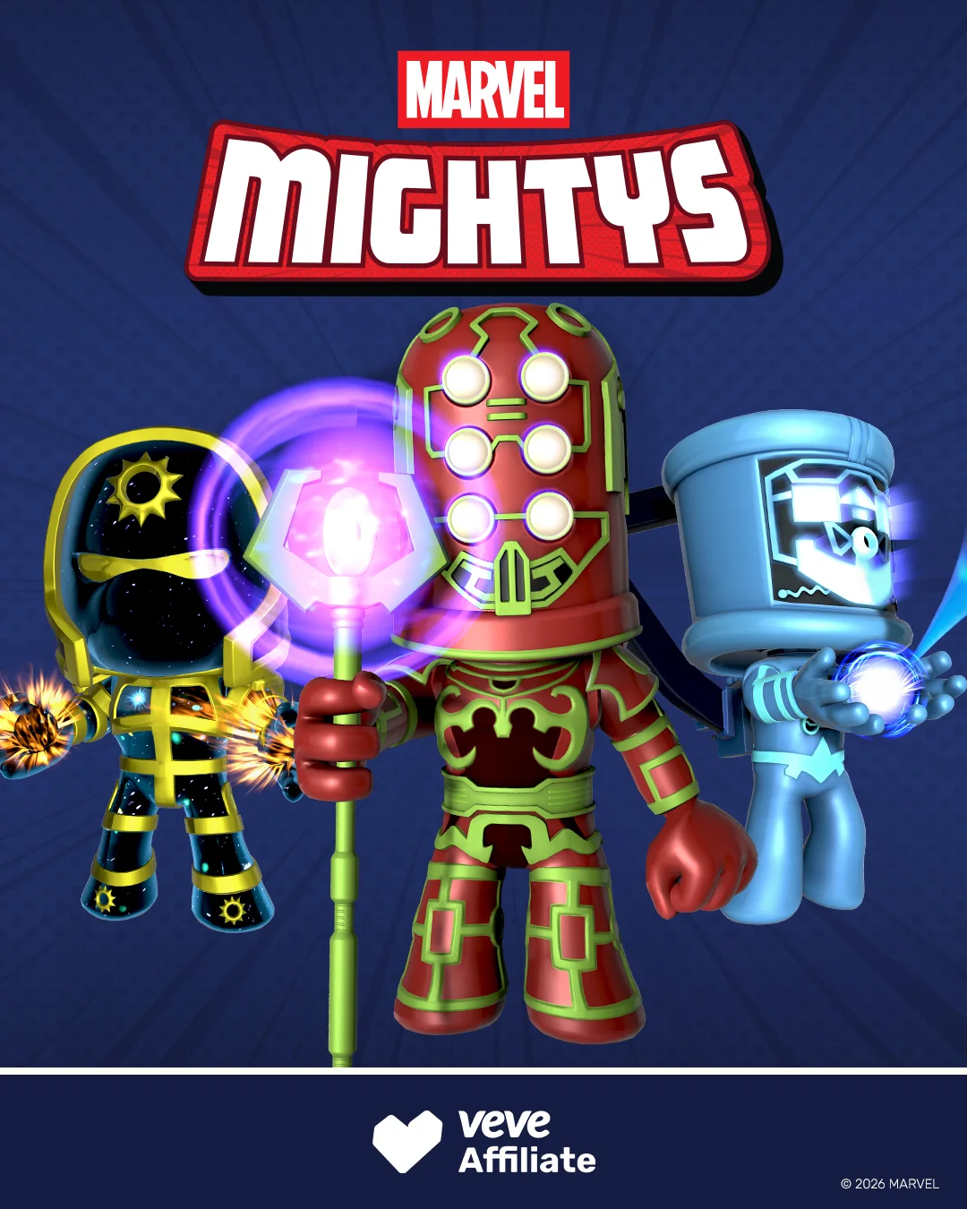 Key Visual zur VeVe Exclusive Kollektion Marvel Mightys: Celestials mit stilisierten kosmischen Wesen und Energieeffekten.
