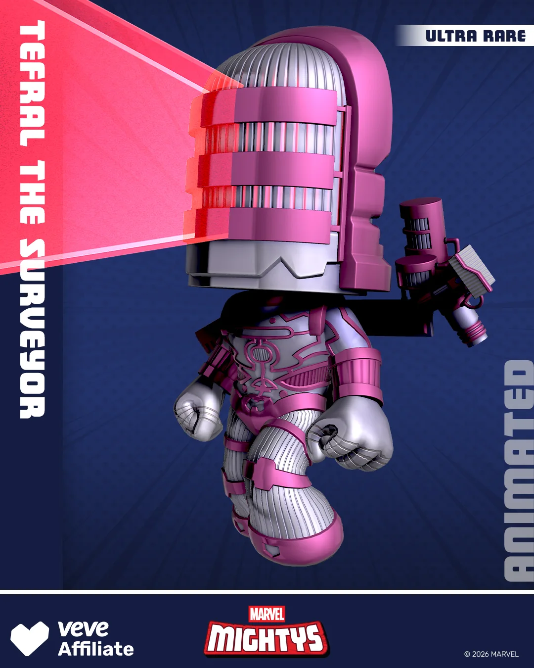 VeVe Exclusive Marvel Mightys: Celestials – Tefral the Surveyor mit Scan-Sequenz, blauem Puls und Schulterkanone mit Energieschuss.