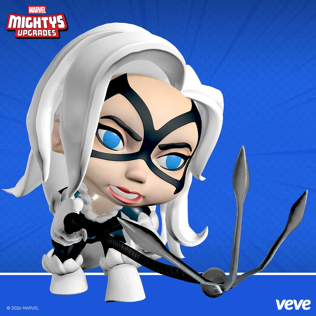 Marvel Mightys Black Cat als VeVe Upgrades Promo-Grafik: Black Cat im Chibi-Stil mit ausgestreckten Krallen vor blauem VeVe Hintergrund.