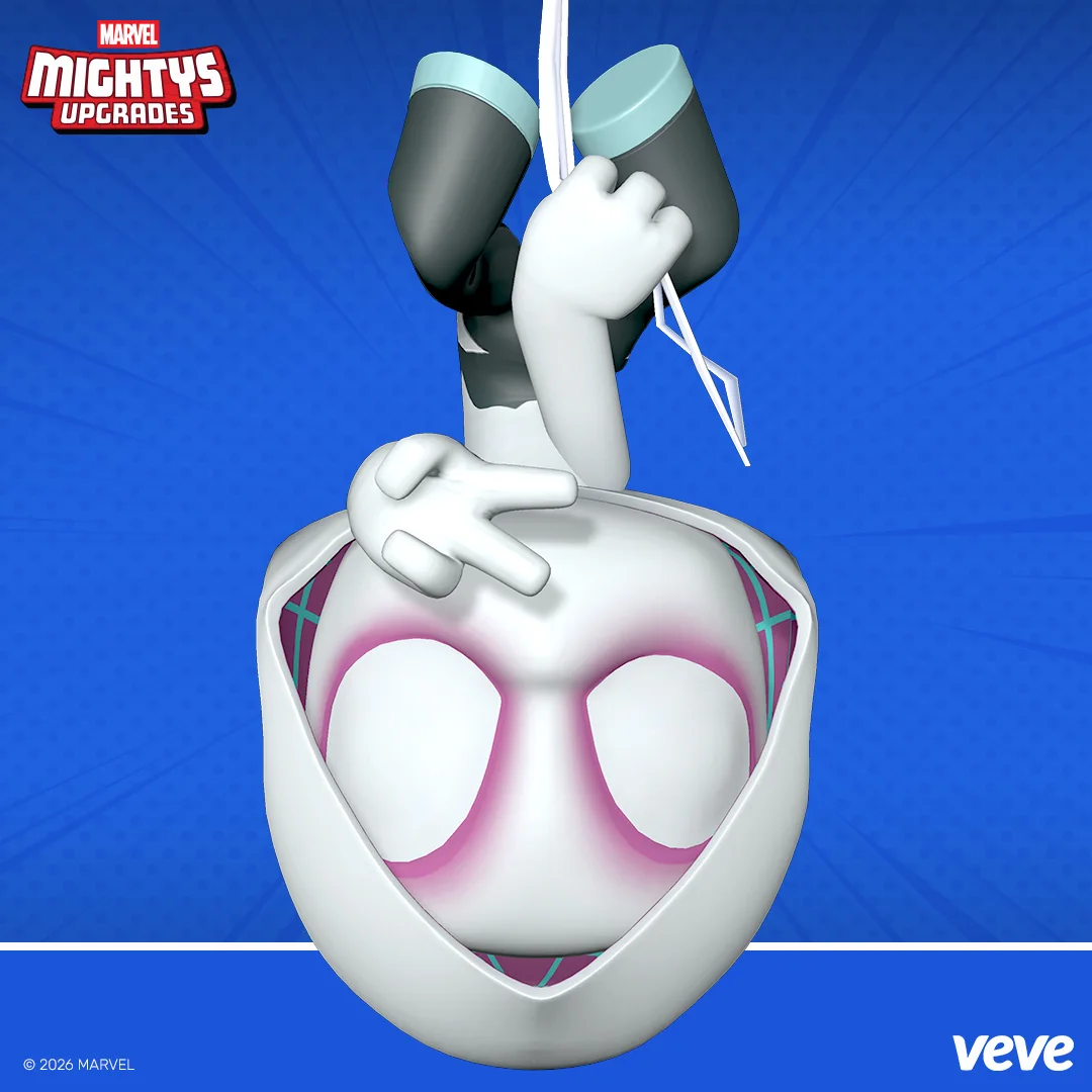 Marvel Mightys Ghost-Spider als VeVe Upgrades Promo-Grafik: Ghost-Spider hängt kopfüber vor blauem Hintergrund mit „Mightys Upgrades“-Logo.