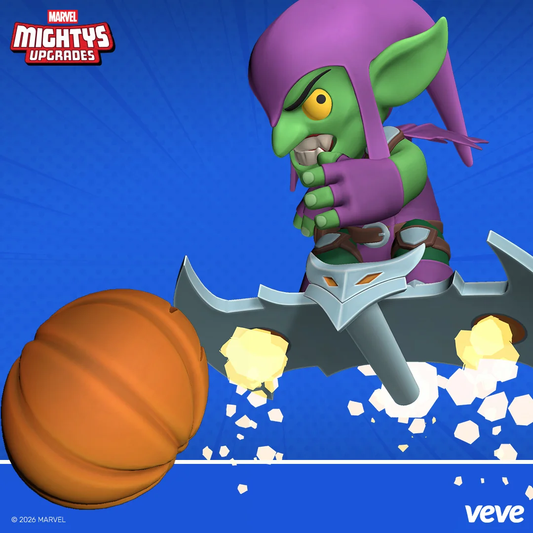 Marvel Mightys Green Goblin als VeVe Upgrades Promo-Grafik: Green Goblin im Chibi-Stil auf Gleiter mit Kürbisbombe vor blauem Hintergrund.