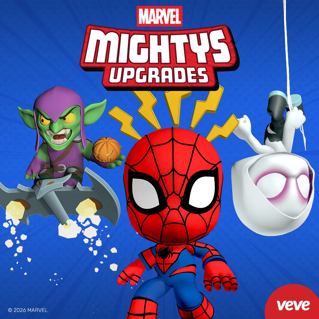Hero-Motiv zu VeVe Marvel Mightys Spider-Man Upgrades mit Spider-Man, Ghost-Spider und Green Goblin vor blauem VeVe-Background.