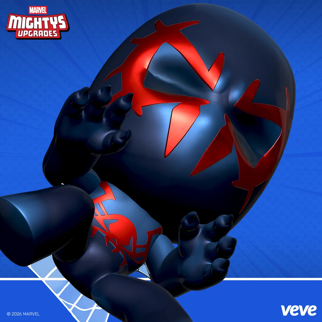 Marvel Mightys Spider-Man 2099 als VeVe Upgrades Promo-Grafik: dunkler Anzug im Chibi-Stil, dynamische Pose vor blauem Hintergrund mit Logo.