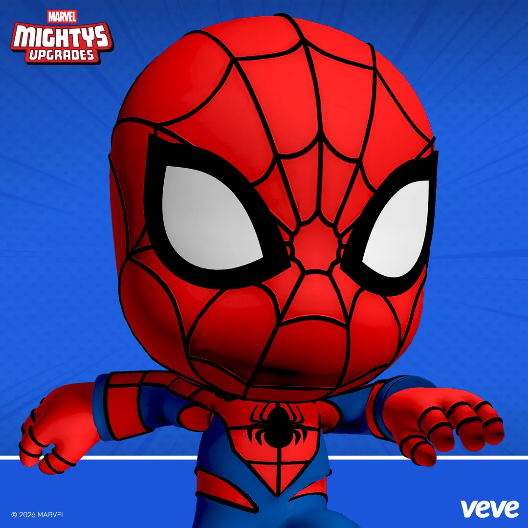Marvel Mightys Spider-Man als VeVe Upgrades Promo-Grafik: großer Kopf im Chibi-Design, Logo „Mightys Upgrades“ und VeVe Branding.