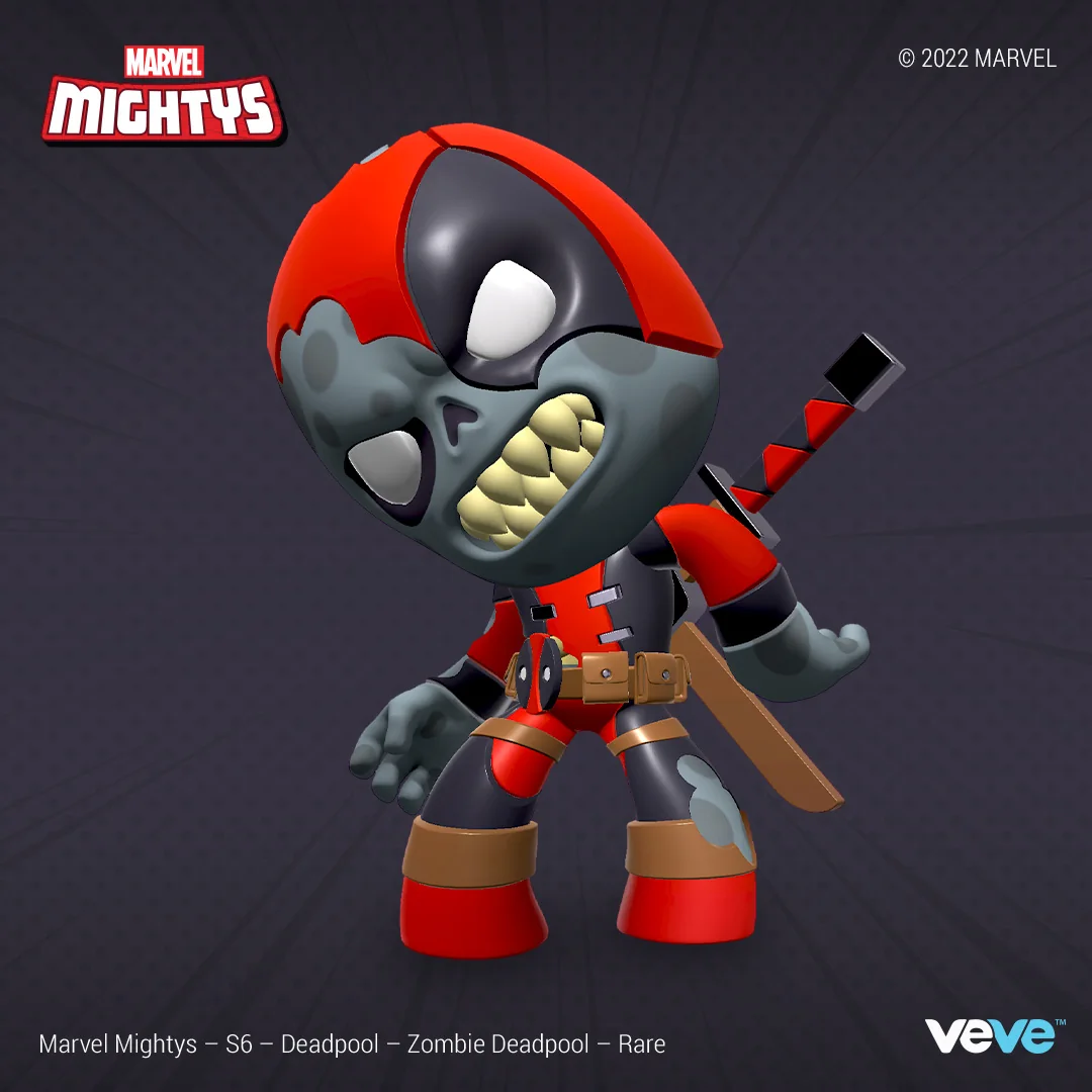 Marvel Mightys Zombie Deadpool als stylisierte Figur auf VeVe, mit Hinweis auf die Rarität Rare im Bildtext.