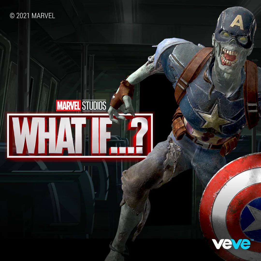 VeVe Visual: Zombie Captain America mit Schild und What If…?-Branding, düsteres Setting im Hintergrund.
