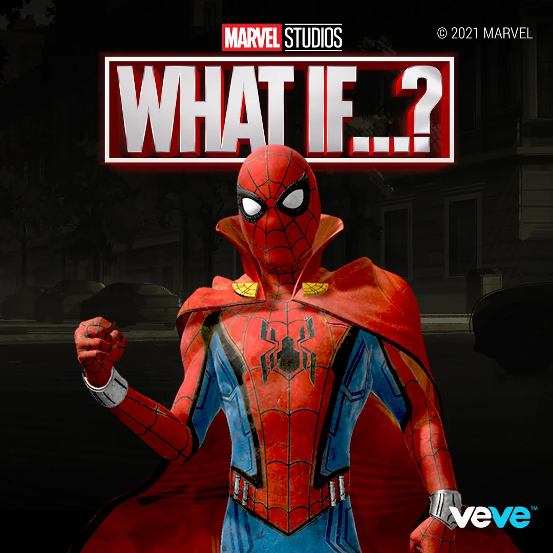 Key Visual zu VeVe Marvel Zombies: Zombie Hunter Spider-Man vor dunklem Hintergrund mit What If…?-Branding.