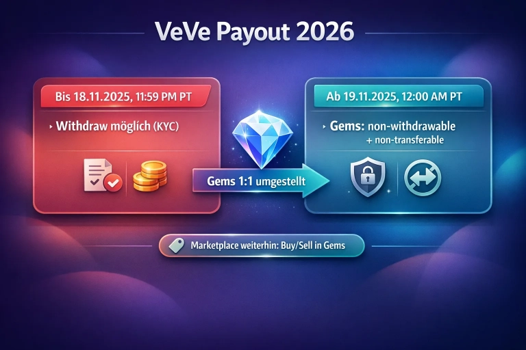 Hero-Infografik zu VeVe Payout 2026 mit Stichtagen: bis 18.11.2025 Withdraw, ab 19.11.2025 Gems nicht auszahlbar/übertragbar.