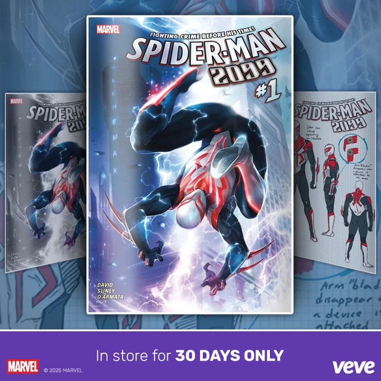 Cover von Marvel's Spider-Man 2099 #1 als VeVe Digital Comic, mit Miguel O’Hara in dynamischer Pose und VeVe-Branding.