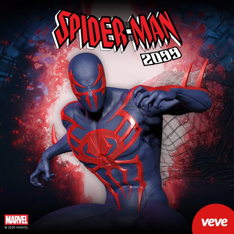 Key Visual zum VeVe Drop „Marvel’s Spider-Man 2099“ mit Miguel O’Hara im blau-roten Anzug und Spider-Man-2099-Schriftzug.