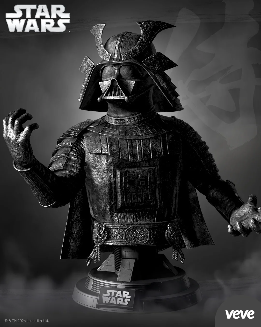 Gesamtansicht des Star Wars Darth Vader Samurai Bust als VeVe 3D-Digital-Collectible: Edo-Stil, dunkles Finish, Sockel mit Star-Wars-Branding.
