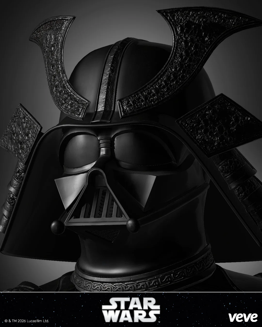 Detailaufnahme des Darth Vader Samurai Bust: dunkler Helm im Kabuto-Stil mit Darth-Vader-Maske; Fokus auf Formen, Kanten und Oberflächen (VeVe).