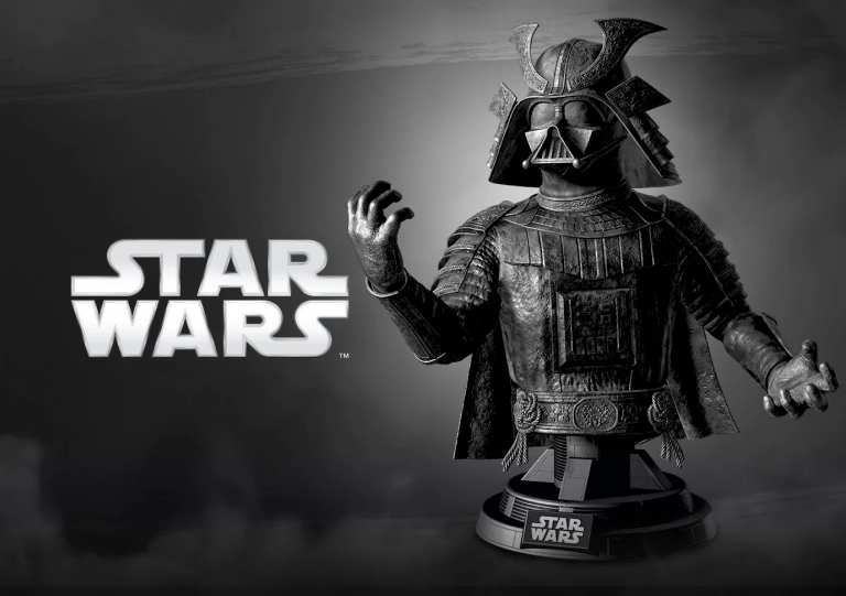 Key Visual zum VeVe Star Wars Darth Vader Samurai Bust: Edo-inspirierte Statue in dunkler Optik mit Star-Wars-Logo und VeVe Branding.