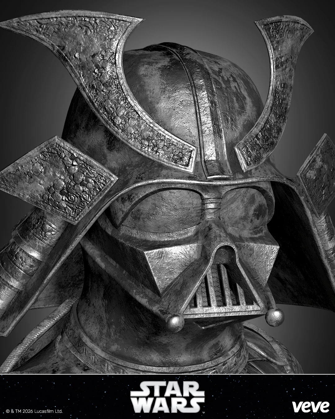 Detailansicht des Darth Vader Samurai Bust mit rauer, metallischer Textur: Edo-inspirierter Helm und Maske, starke Lichtkanten und Patina-Eindruck (VeVe).