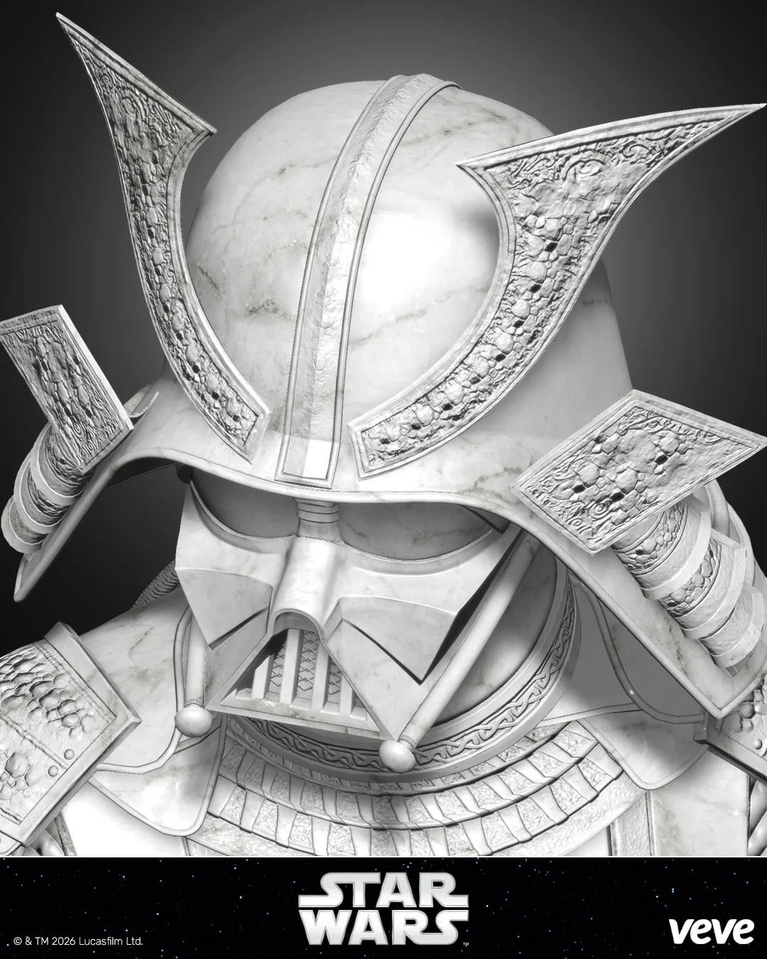 Nahaufnahme des Darth Vader Samurai Bust in weisser Marmor-Optik: Edo-Helm und Darth-Vader-Gesicht im Fokus, klare Steinstruktur als VeVe Collectible.