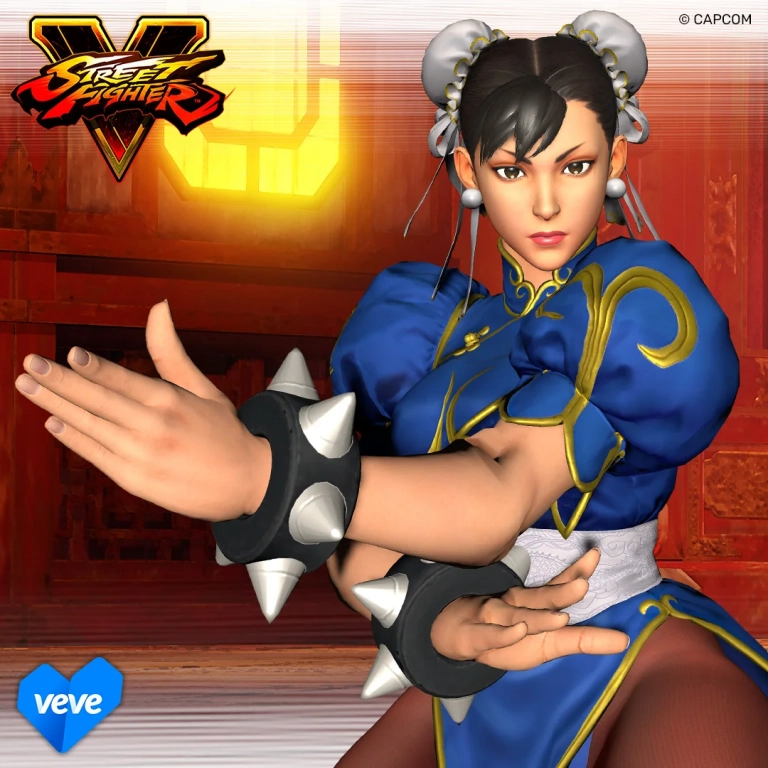 VeVe Exclusive Street Fighter V Chun-Li als digitales Collectible auf VeVe, Key Visual zur Figur und zum Drop-Thema.