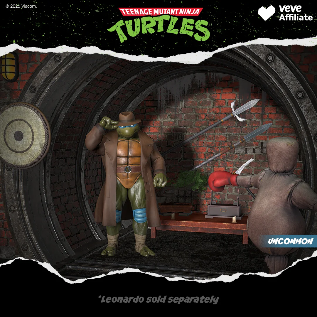 Leonardo im Sewer-Dojo-Setting als VeVe TMNT Base-Diorama mit Trainingspuppe, Waffenständer und Tunnelbogen, Promo-Grafik mit Branding.
