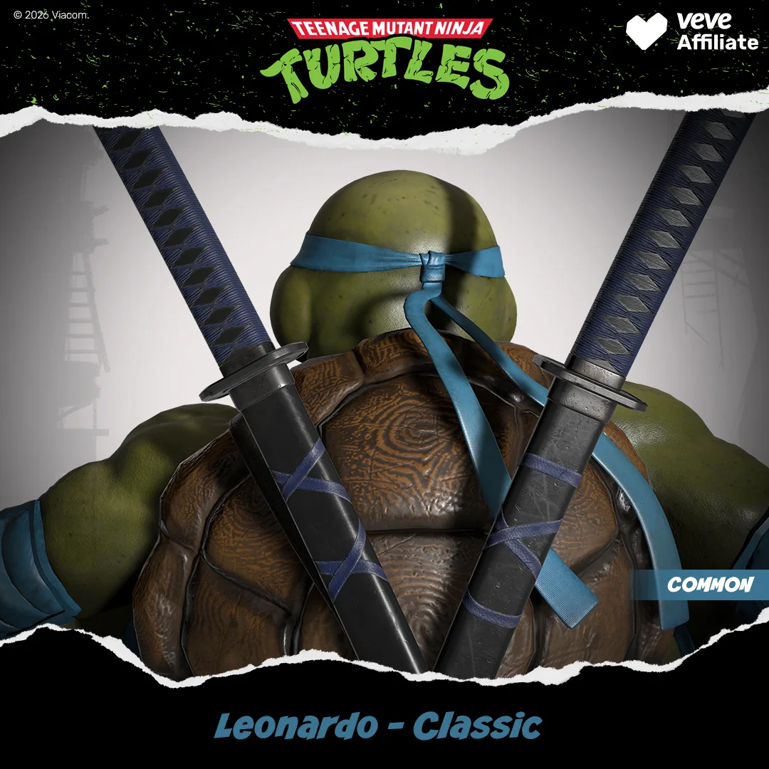 Rueckenansicht von Leonardo – Classic mit blauem Bandana und zwei Katanas im Detail, VeVe TMNT Promo-Grafik mit Common-Hinweis.
