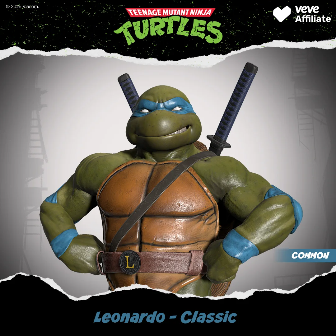 Promo-Grafik zu VeVe TMNT: Leonardo – Classic mit blauem Bandana und gekreuzten Katanas, inklusive Serien-Branding.