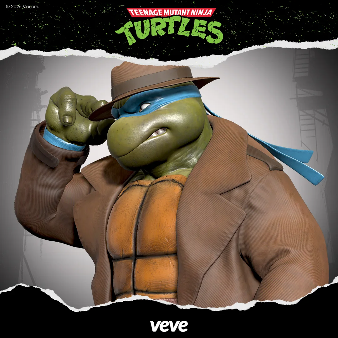 3D-Render von Leonardo in Verkleidung mit Trenchcoat und Hut, blaues Bandana sichtbar, VeVe TMNT Motiv ohne Raritaetsangabe.