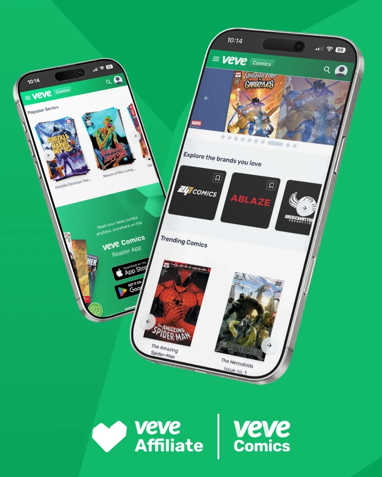 Zwei Smartphone-Screens mit VeVe Comics Übersicht, Trending Comics und Publisher-Kacheln auf grünem Hintergrund.