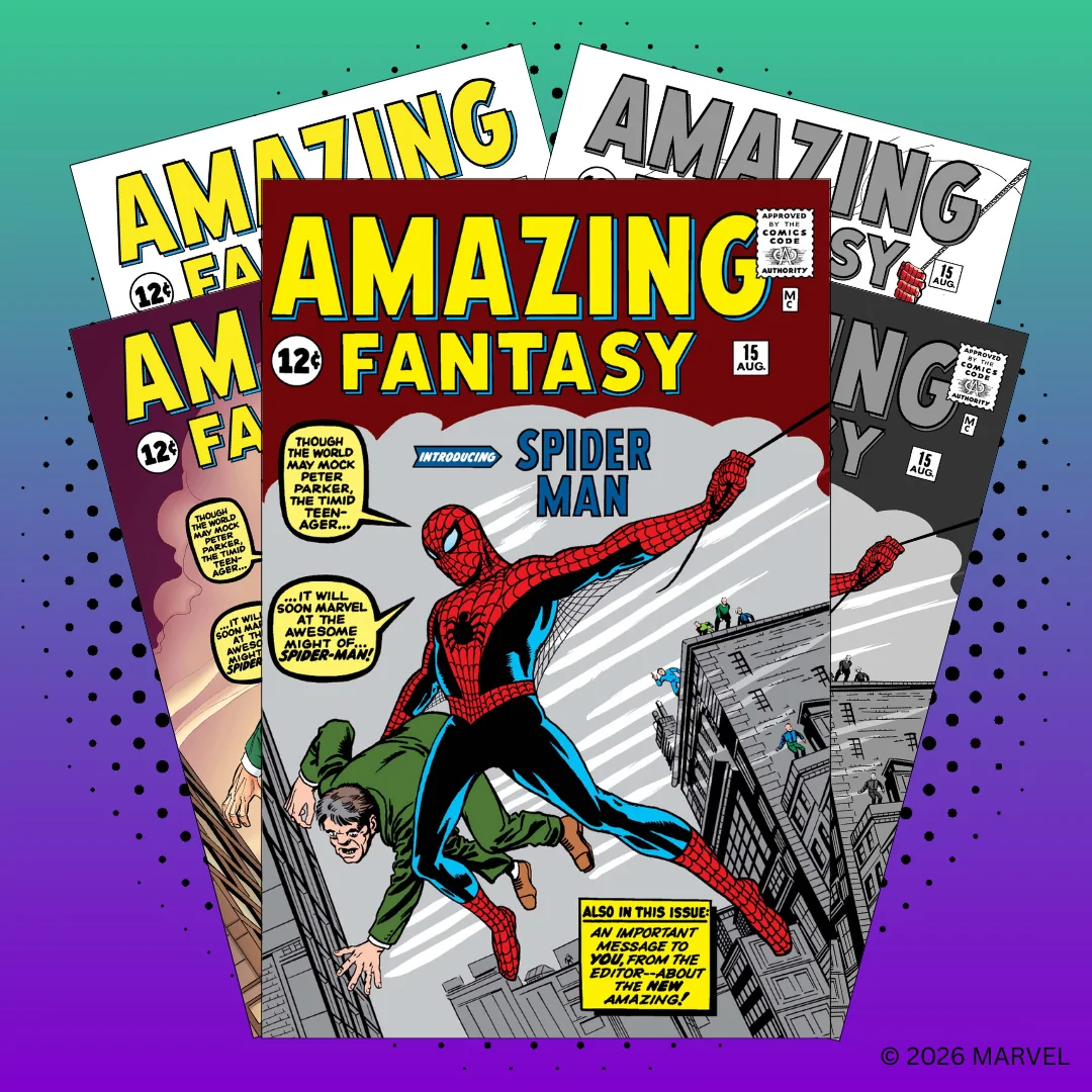 Amazing-Fantasy-Spider-Man-Covervarianten als Visual für VeVe Comics Exclusive Covers, mit mehreren Versionen desselben Motivs.