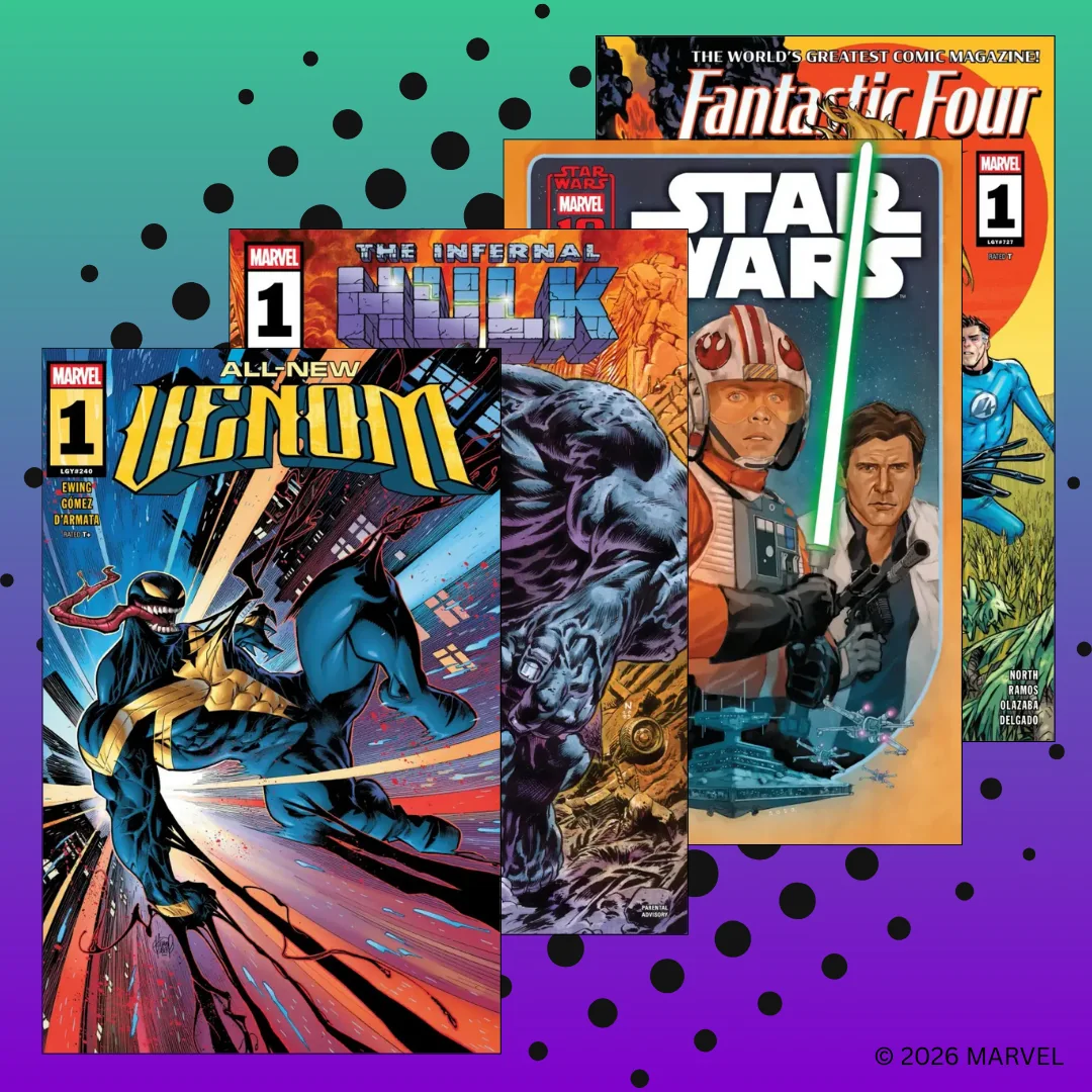 Auswahl an Comic-Covern als Visual für VeVe Comics: Fokus auf Lesen mit Zugriff am Erscheinungstag und Nutzung auf Mobilgerät oder Desktop.