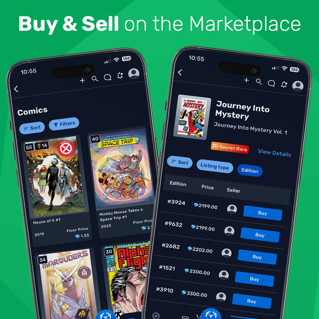 Screenshot-Visual „Buy & Sell on the Marketplace“: VeVe Comics Listenansicht und Detailseite mit Kauf-Buttons und „Secret Rare“-Badge.